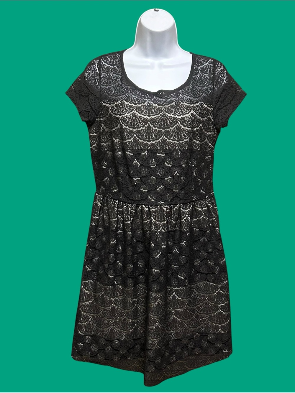 Maison Jules Black Lace Short Sleeve Mini Dress Size M Lined Fit Flare